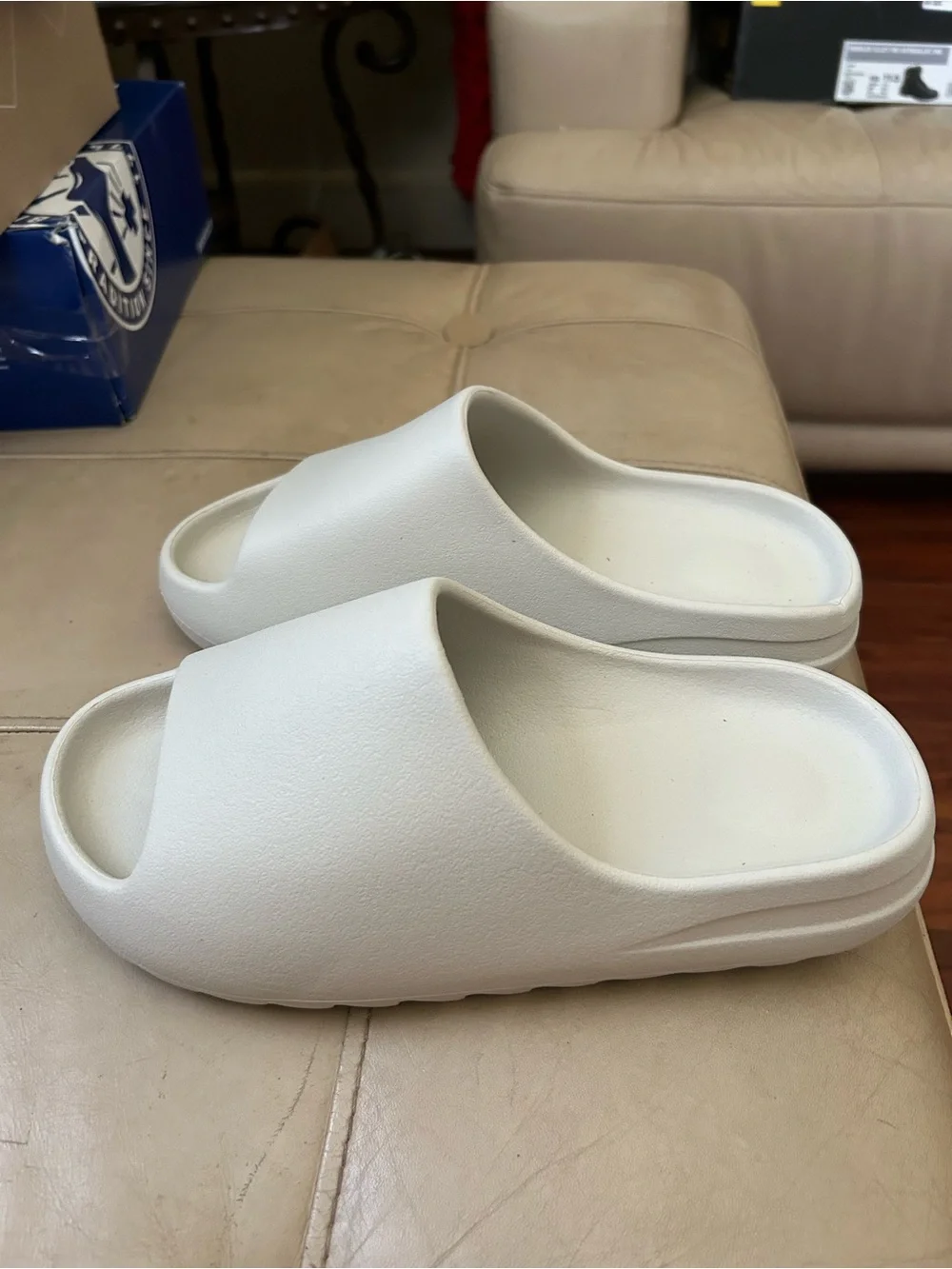 Men's Adidas Yeezy Minimal Slide Sandals in cream color